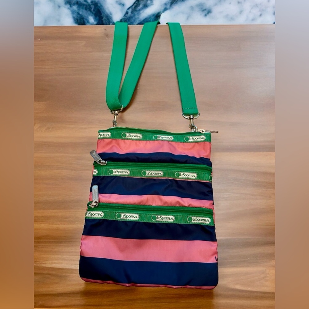 LeSportsac Pink Blue Green Striped Crossbody Bag